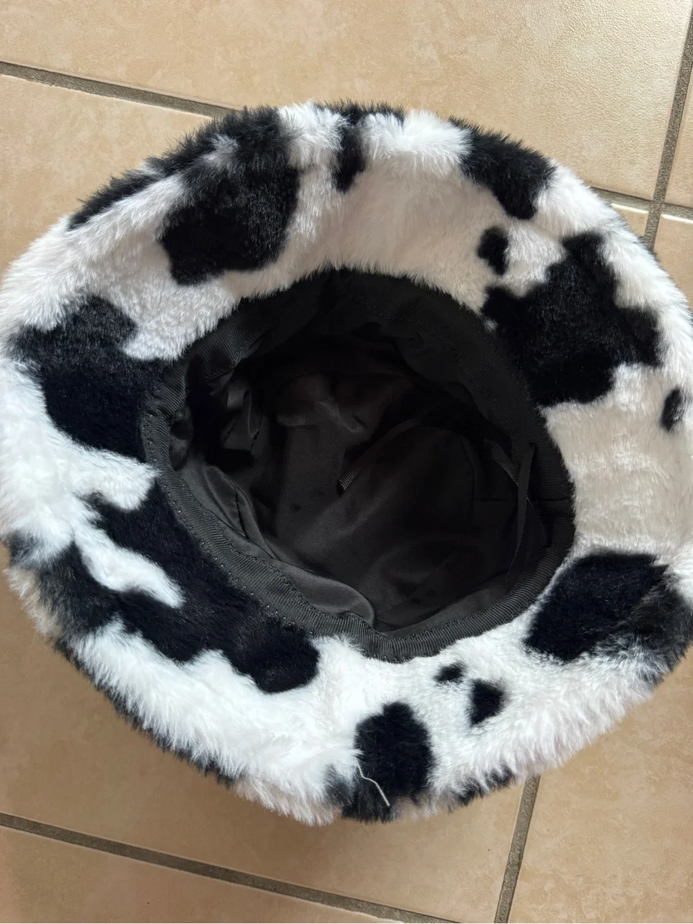 Faux Fur Cow Print Bucket Hat - Black & White